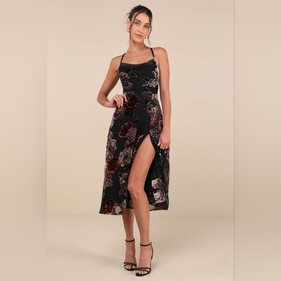 Lulus Exuberant Vibes Black Floral Velvet Burnout Tie-Back Midi Dress Wedding - Picture 2 of 10